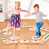 Holz Kleinkinder Schwebebalken mit 6 Balanciersteine frei kombinierbar,Montessori Spielzeug für Drinnen und Draußen,Holz-Balance-Board für Kinder für Koordination und Stabilität ab 3-7 Jahren